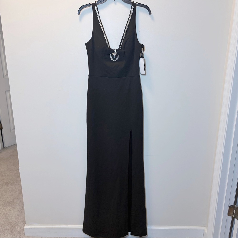 City Studio Black Rhinestone Trim Bow V-Neck Maxi Dress Size 9/10 NWT